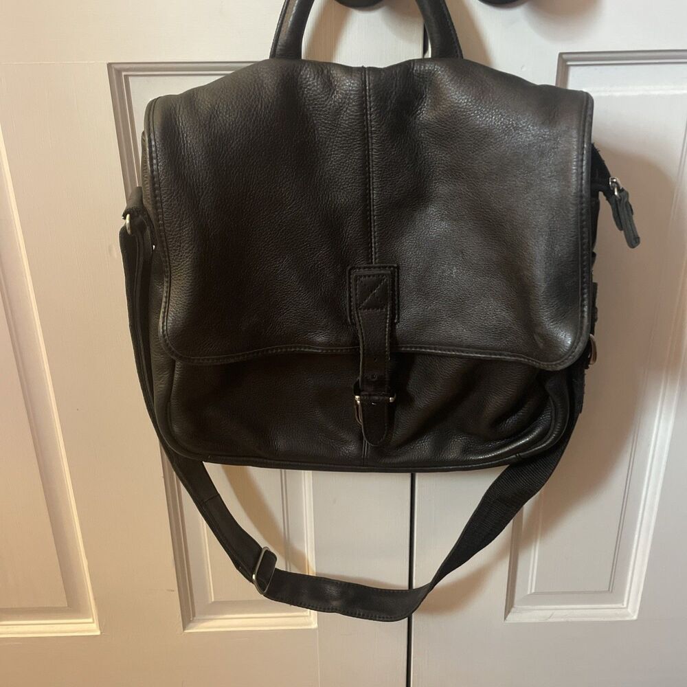 Vintage LL Bean Black Pebbled Leather Messenger Bag Travel Briefcase